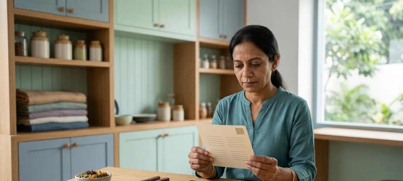 A restaurant owner at a table, comparing a printed menu card with a tablet and a phone in front of her