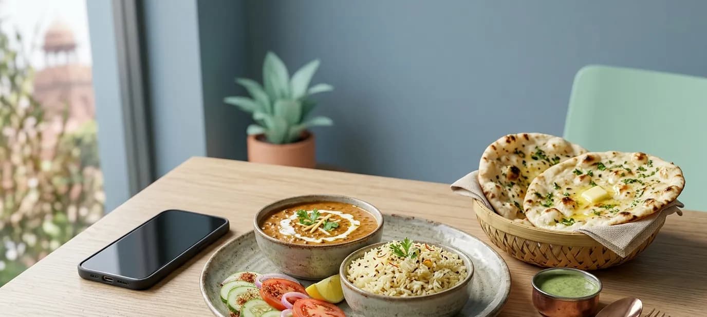 A neatly plated dish beside a phone showing a food delivery menu