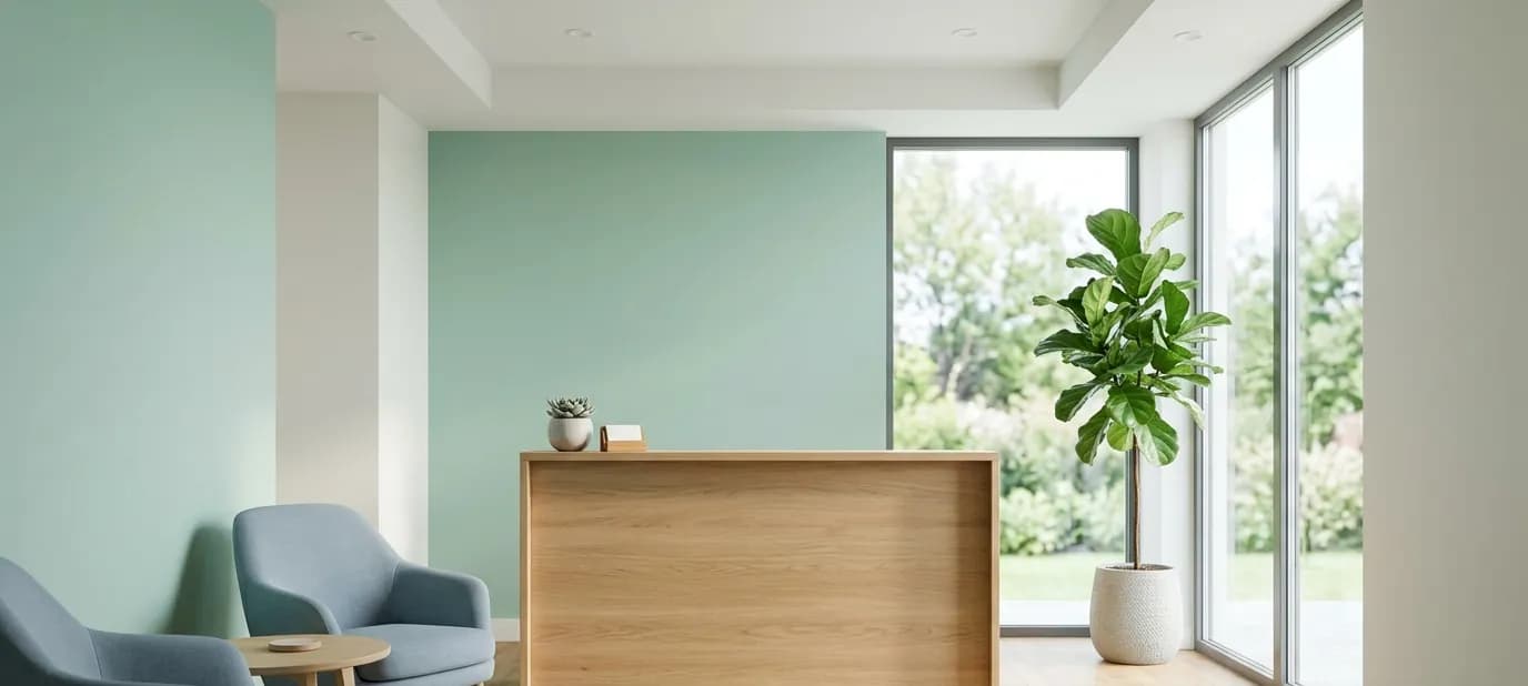 A calm, bright clinic reception with a wooden desk, a plant and soft daylight
