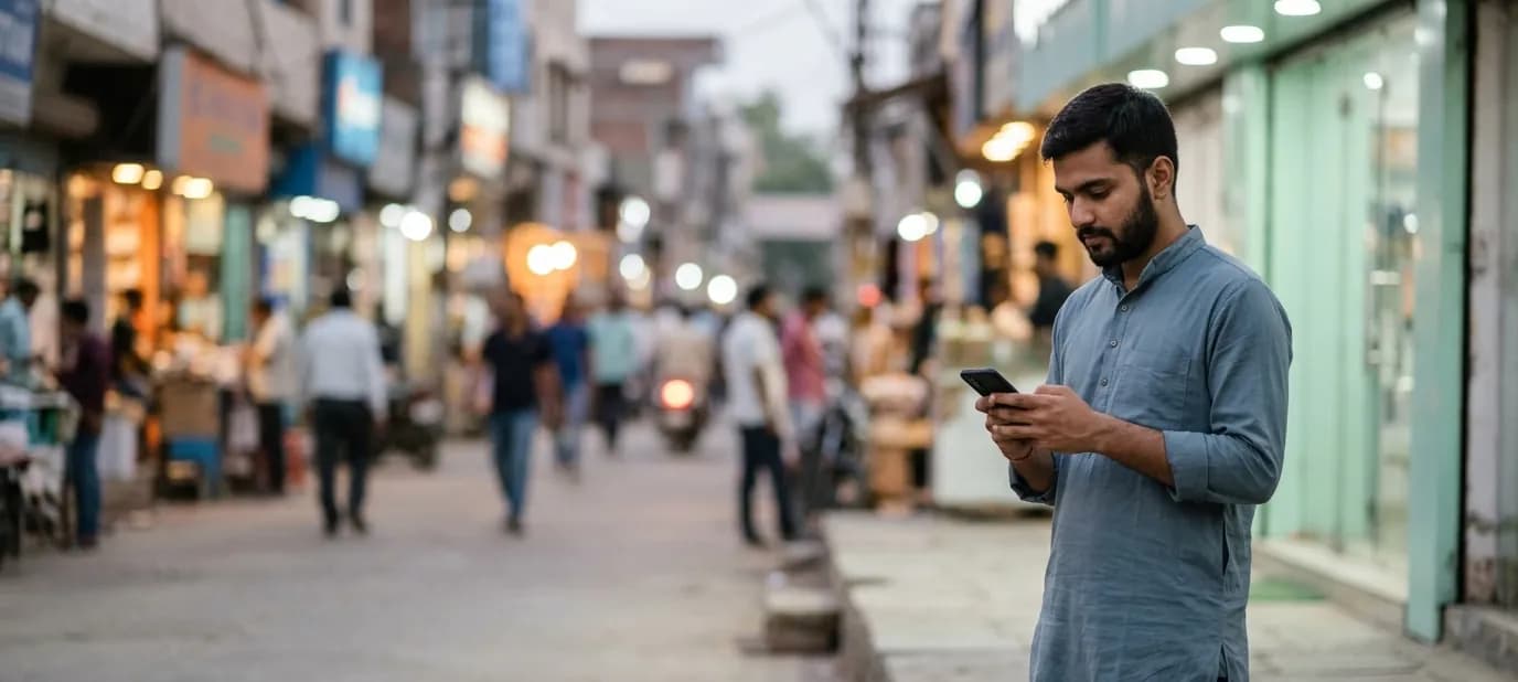 A person holding a phone showing a map while standing in a busy Indian market street