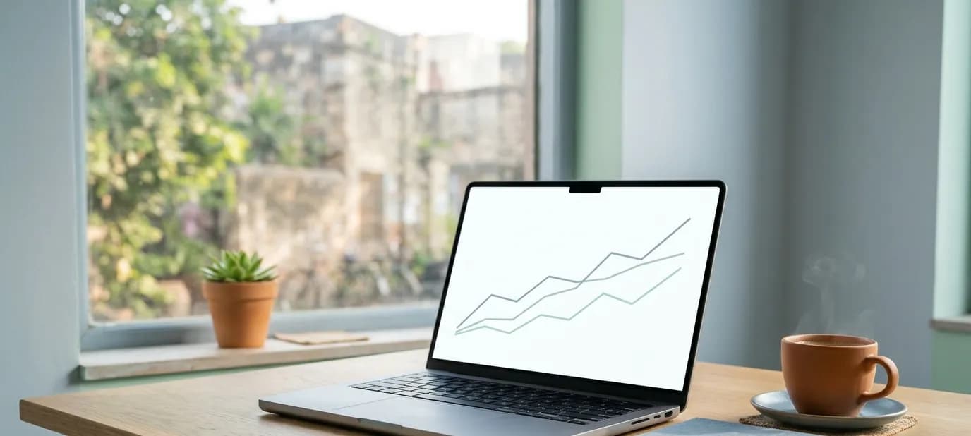 A laptop on a desk showing simple line charts with no readable text