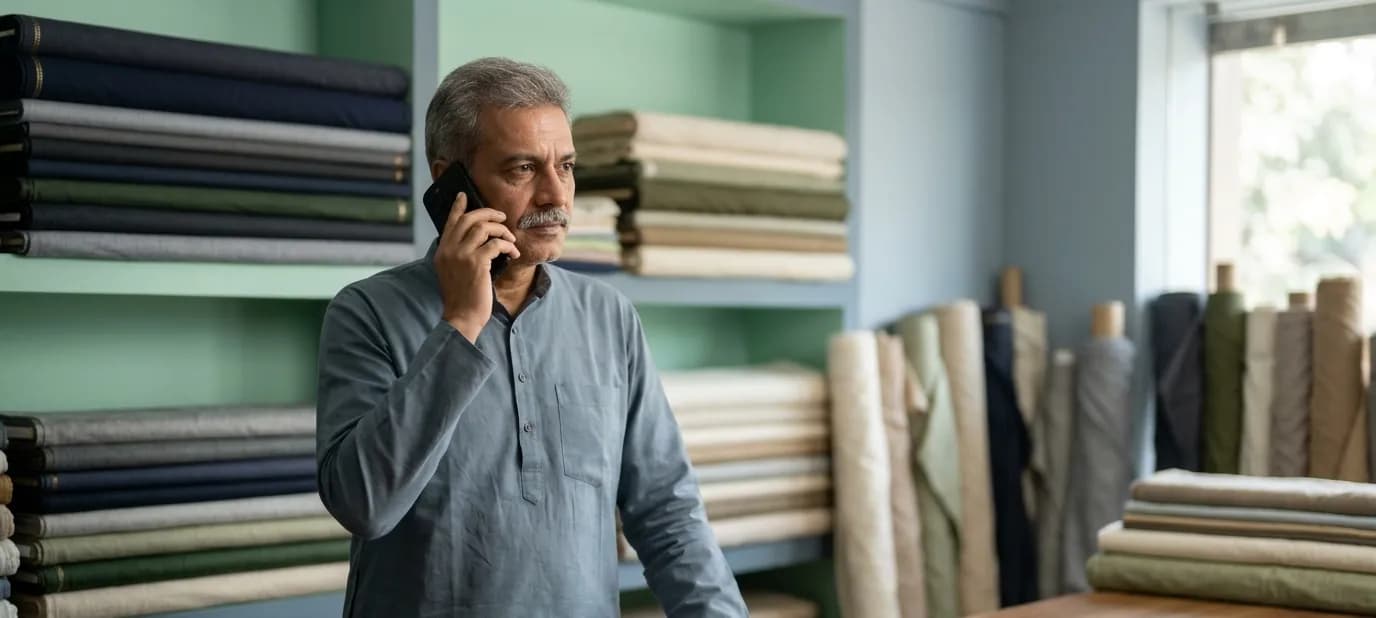 A business owner on a phone call at a shop counter, looking thoughtful