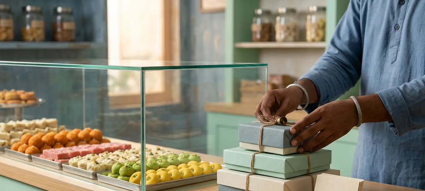 A sweet shop counter with neatly arranged boxes of Indian sweets in soft light