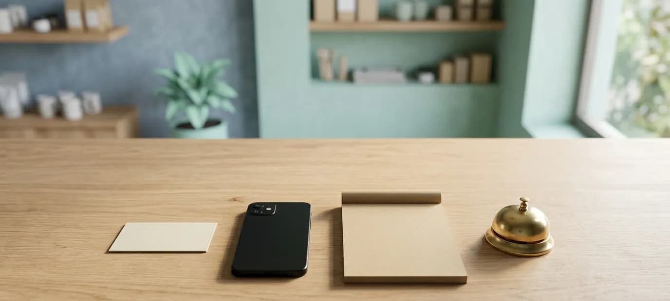 A shop's visiting card, phone and storefront arranged neatly together on a counter