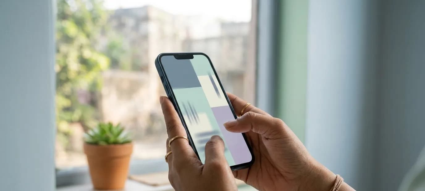 A person scrolling through search results on a phone in soft daylight