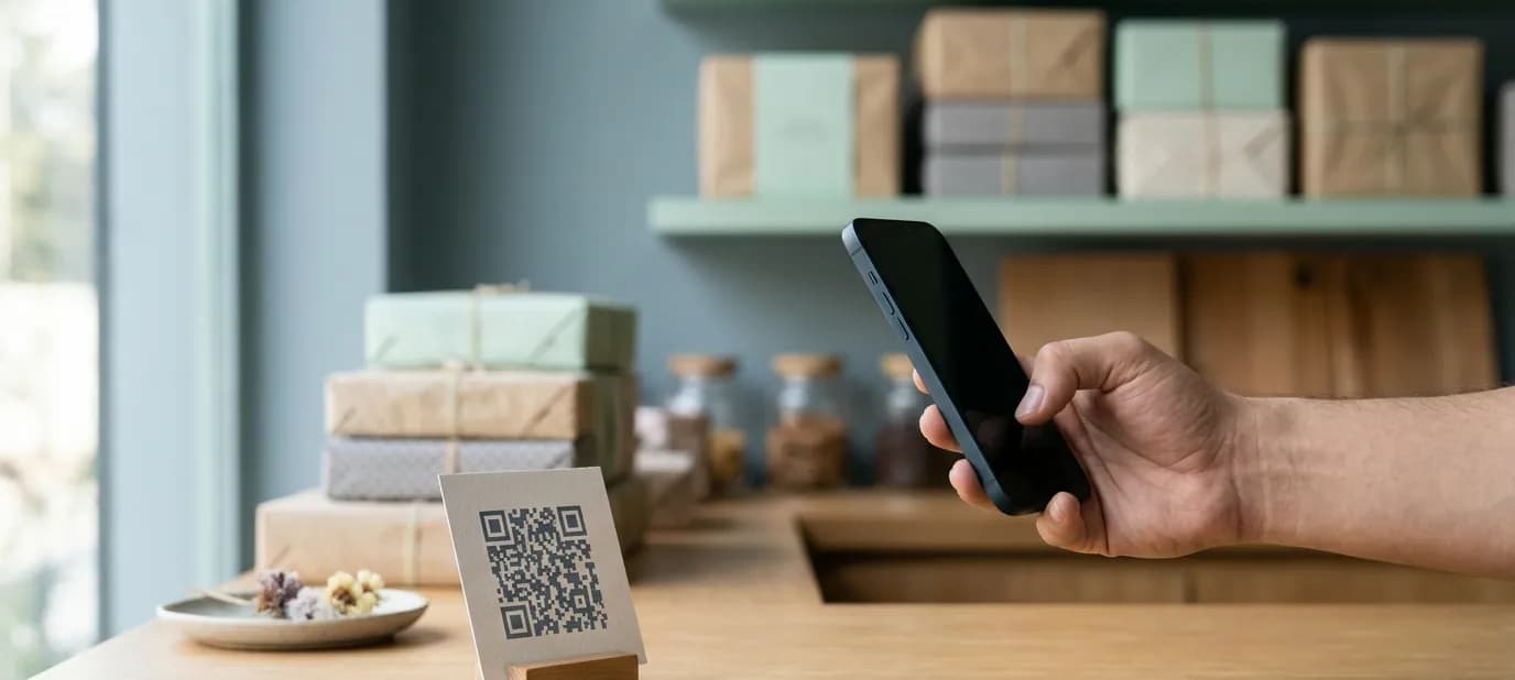 A small QR code stand on a shop counter beside neatly packed boxes