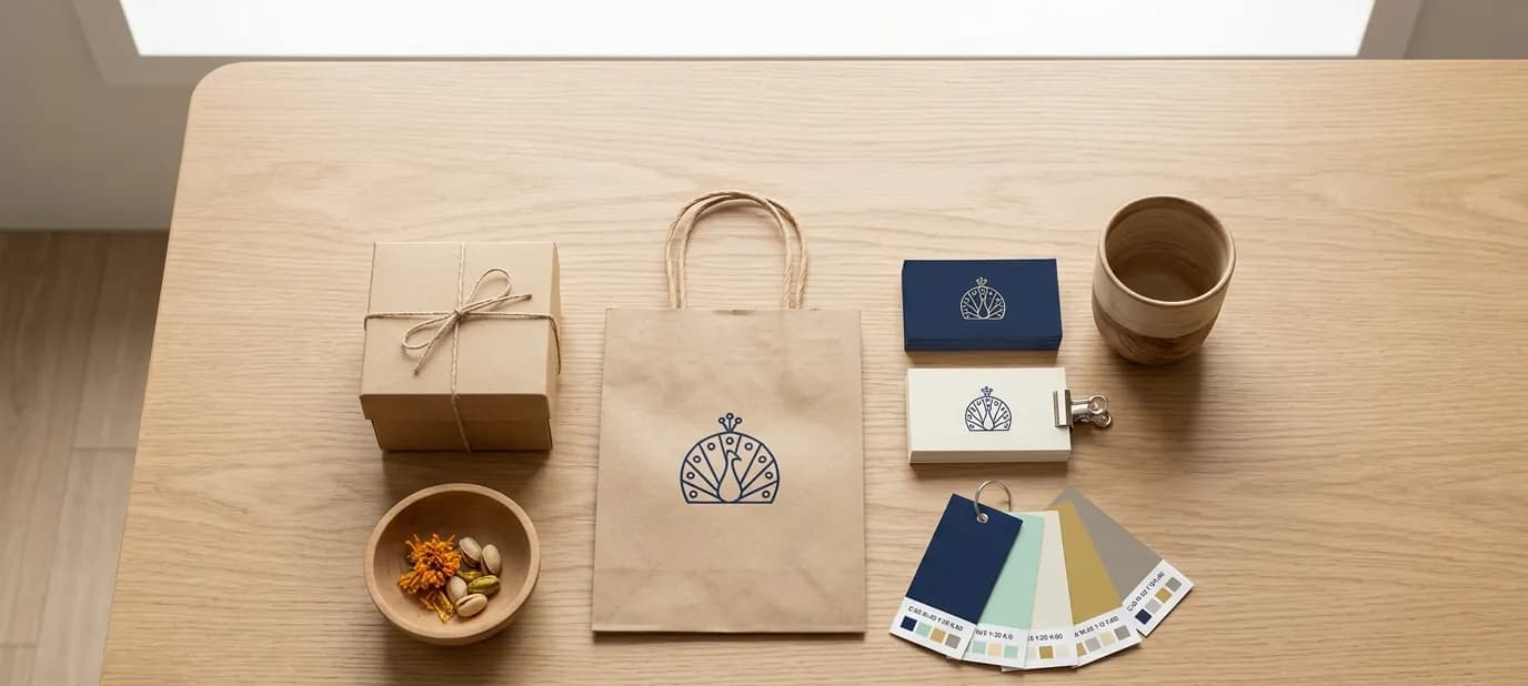Printed brand colour swatches and a logo sketch on a light wooden desk